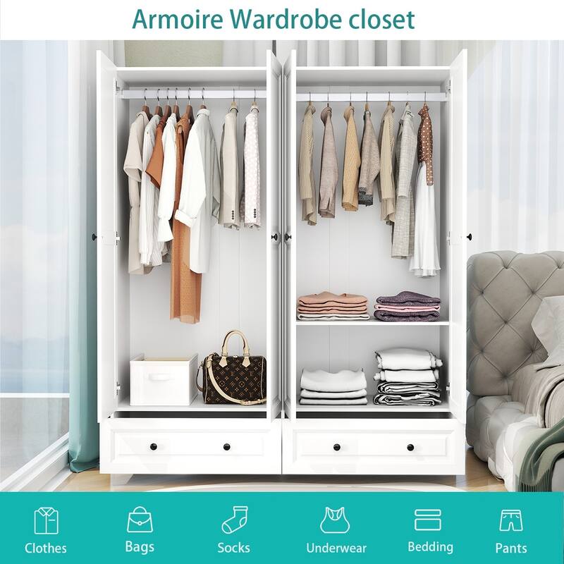 Versatile 4-Door Wardrobe with 2 Drawers, Spacious White Closet for Bedrooms or Guest Rooms - 63" in Width