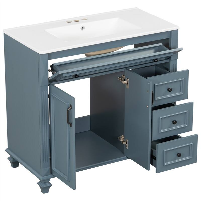 36" Bathroom Vanity with Ceramic Sink, Freestanding Bathroom Vanity Cabinet with Flip-Out Drawer, 3 Drawers & 2 Soft-Close Doors