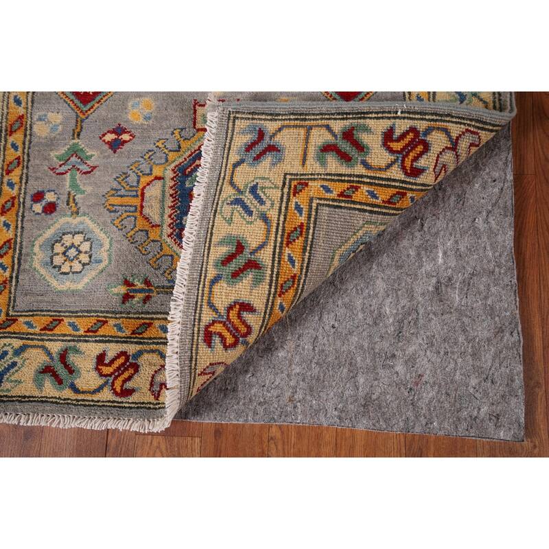Geometric Kazak Runner Rug Hand-Knotted Grey Wool Carpet - 2'7" x 16'3"