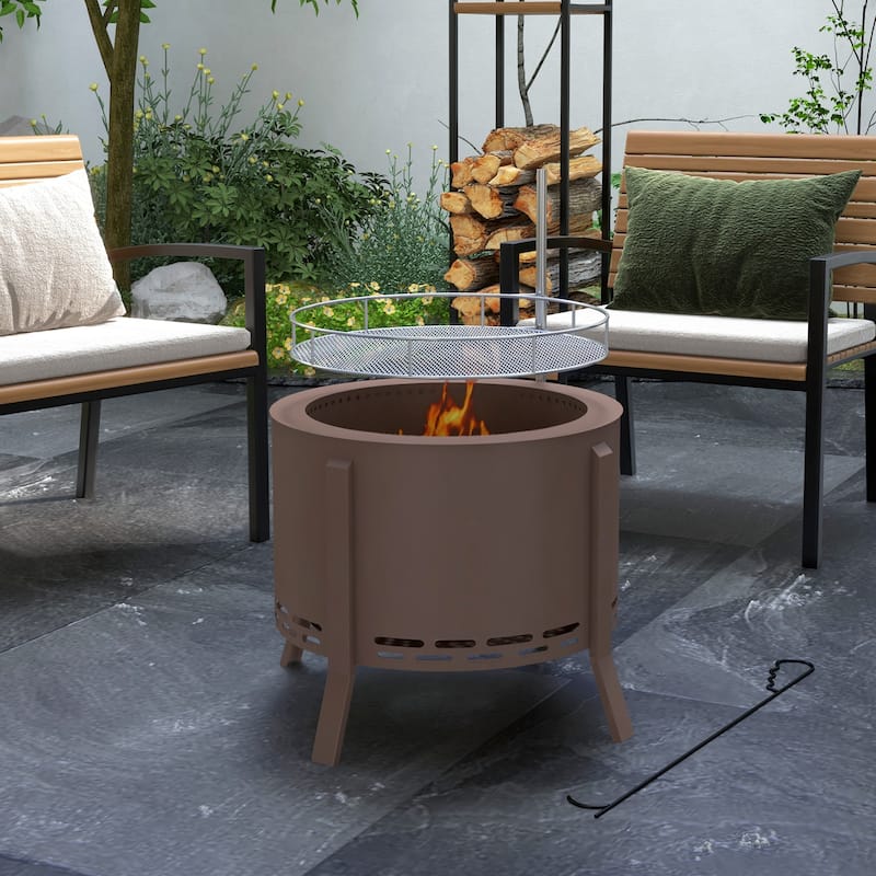Outsunny 2-in-1 Smokeless Fire Pit, BBQ Grill, 19" Portable Wood Burning Firepit with Cooking Grate and Poker - Brown