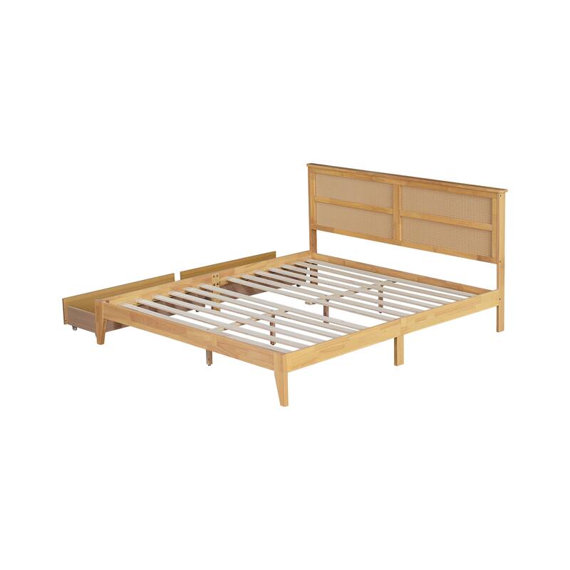 King Size Bed with Rattan Headboard and Two Drawers