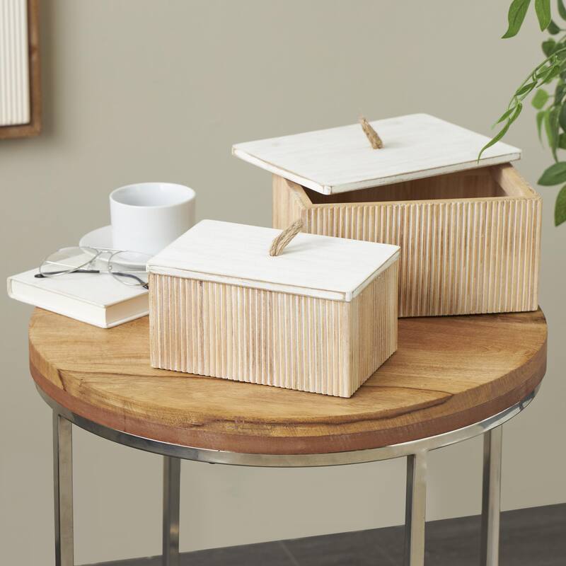 Wooden Washed Ribbed Storage Box with White Lids and Rope Handles - Set of 2 Brown - Roche River Decor