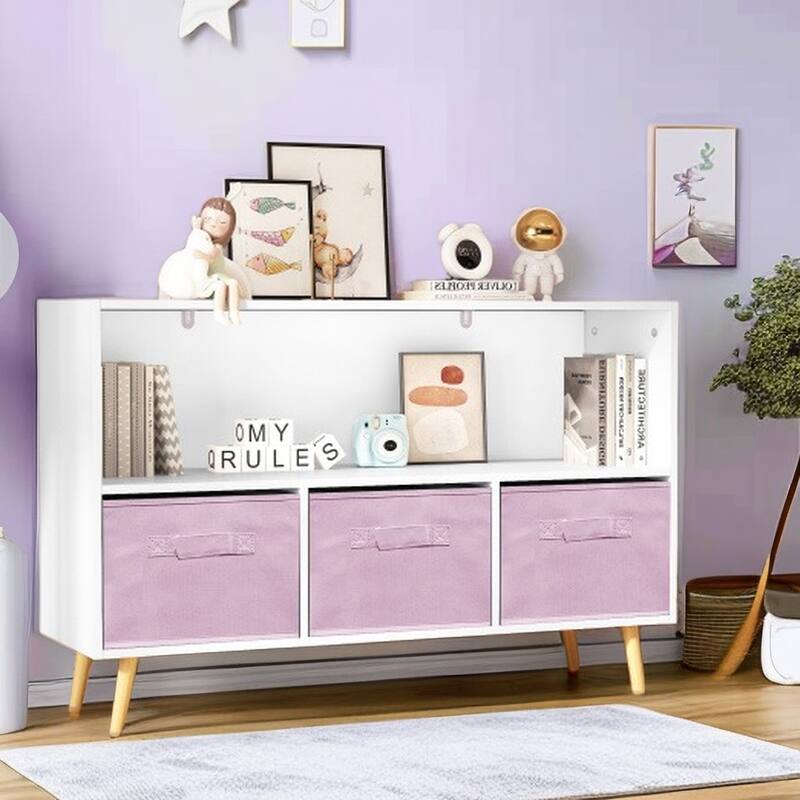 Toy Storage Cabinet Bookcase with Collapsible Fabric Drawers for kids Bedroom - Pink