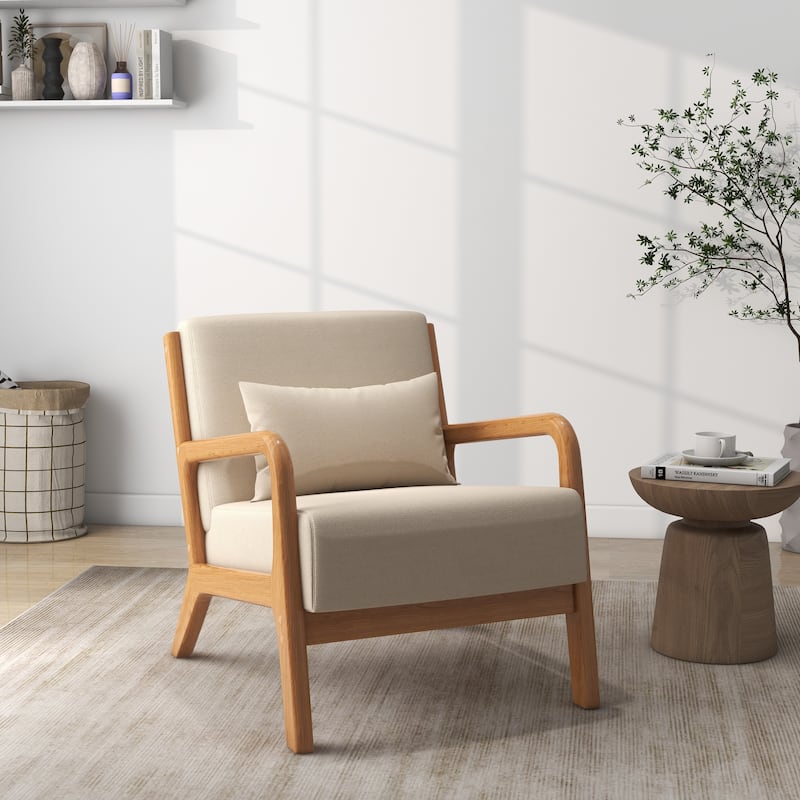 Mid-Century Modern Fabric Upholstered Wood Arm Chair - Beige-One