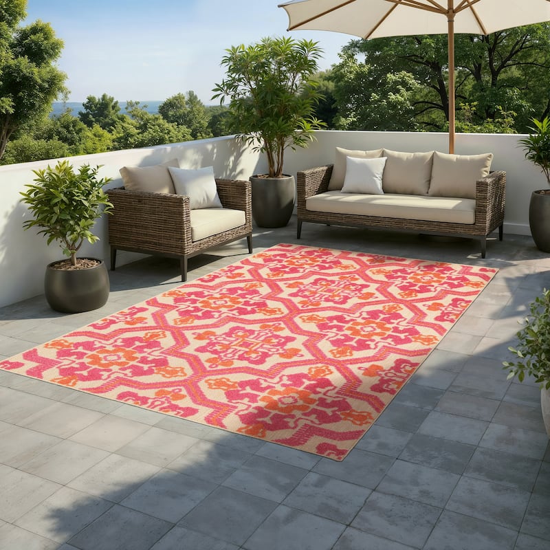Vista Home Capri Mixed Pile Pink/Orange Floral Indoor- Outdoor Rug. - 1' 10" x 3' 3" - Rectangle