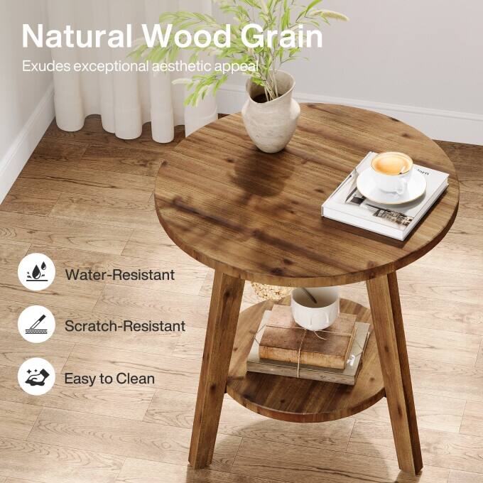 Solid Wood End Table, 2 Tiers Round Side Table, Farmhouse Nightstand