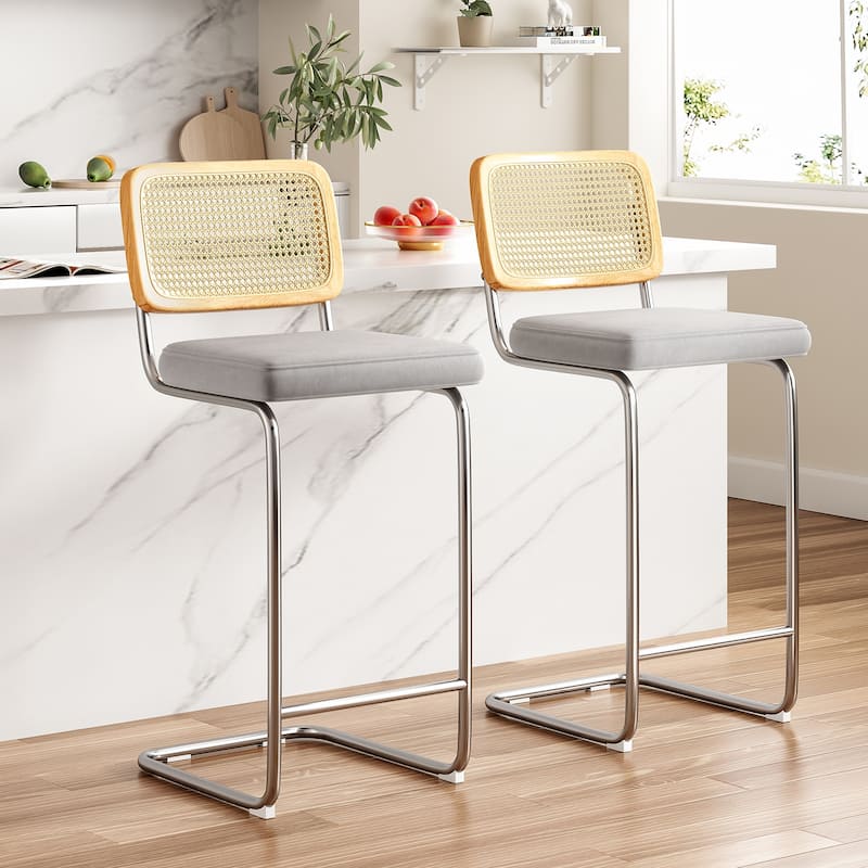 Counter Height Bar Stools Set of 2, Upholstered Velvet Barstools with Rattan Back, 30 inch Stools Armless Bar Chairs