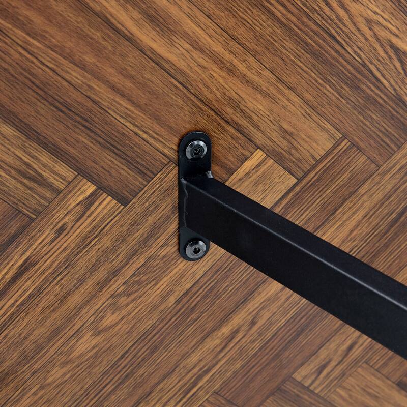 Fishbone Pattern Dining Table with Inset Metal Legs, Dark Wood Textured Tabletop Office Table with Anti-Slip Feet