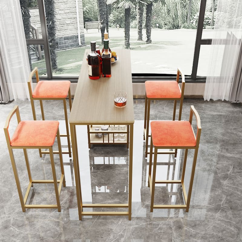 5 Piece Bar Table Set, Counter Height Kitchen Table Set, Metal Table and Chairs Set with 4 Upholstered Chairs & Storage Shelves