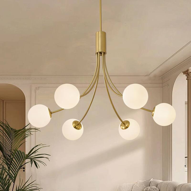 Mid - Century Modern 6 - Light Gold Sputnik Chandelier with White Glass Globes - Brushed Gold - Brushed Gold