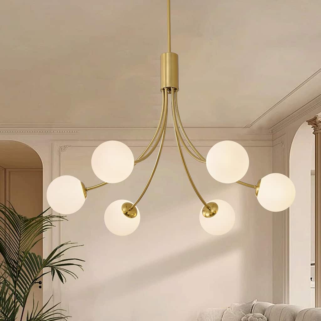 Mid - Century Modern 6 - Light Gold Sputnik Chandelier with White Glass Globes - Brushed Gold