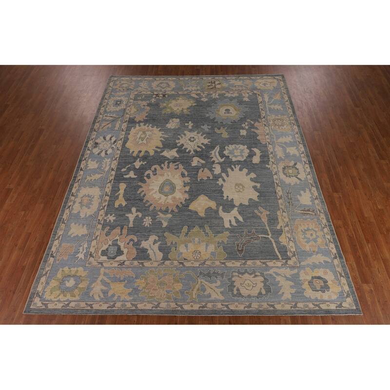 Vegetable Dye Oushak Turkish Area Rug Hand-Knotted Blue Wool Carpet - 9'2"x 11'9"
