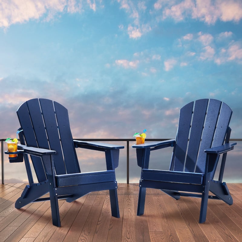 Set of 2 HDPE Folding Adirondack Chair with Wider Seat and Curved Backrest Ideal for Outdoor Use - 31.5 × 29.7 × 36.0 in - Blue
