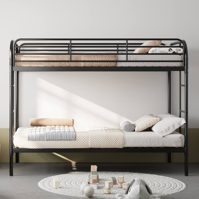 Low Profile Twin Over Twin Bunk Bed Frame with Dual Ladders, Full-Length Guardrais and Rounded Craftsmanship of Bed Corner - Black - Twin