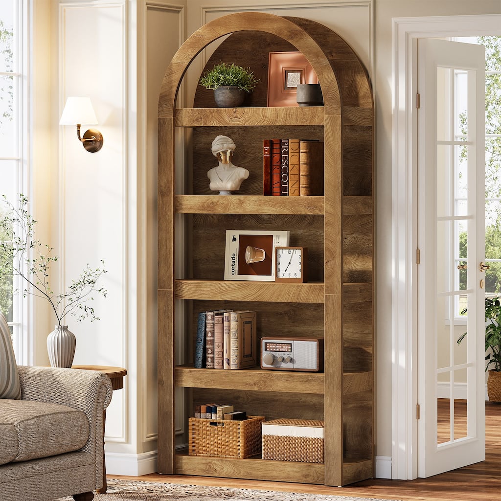 5-Tier Farmhouse Arched Bookshelf, 71" Tall Bookcase Arch-Shaped Rack