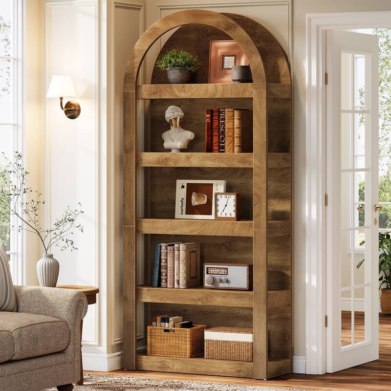 71" Tall Bookcase, 5-Tier Arched Bookshelf, Wooden Display Shelves for Living Room, Bedroom, Home Office