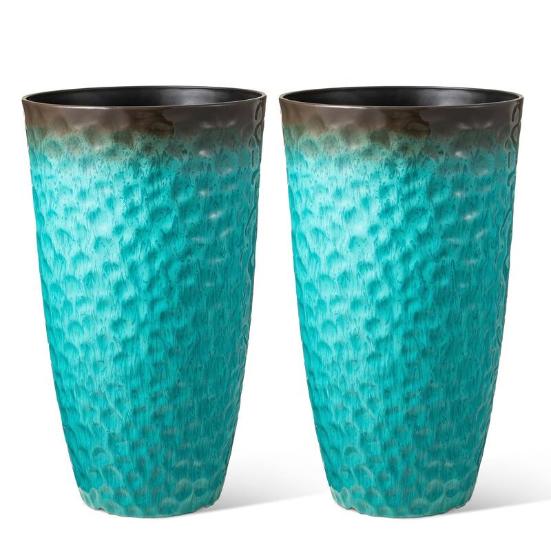 Glitzhome 23.75"H Set of 2 Oversized Eco-Friendly PP and Stone Honeycomb Textured Blue/Green/Red Tall Plastic Planter