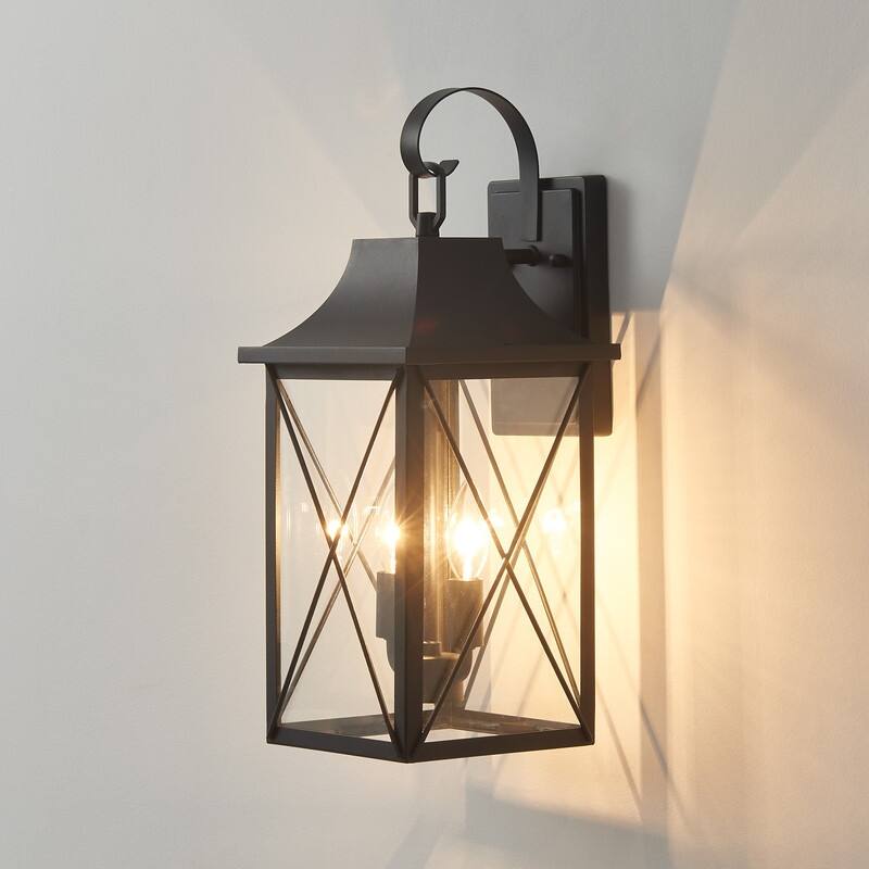 KAWOTI 2-Light Black Lantern Outdoor Sconce with Clear Glass Shade - W8.125" * H19.5" * E9"