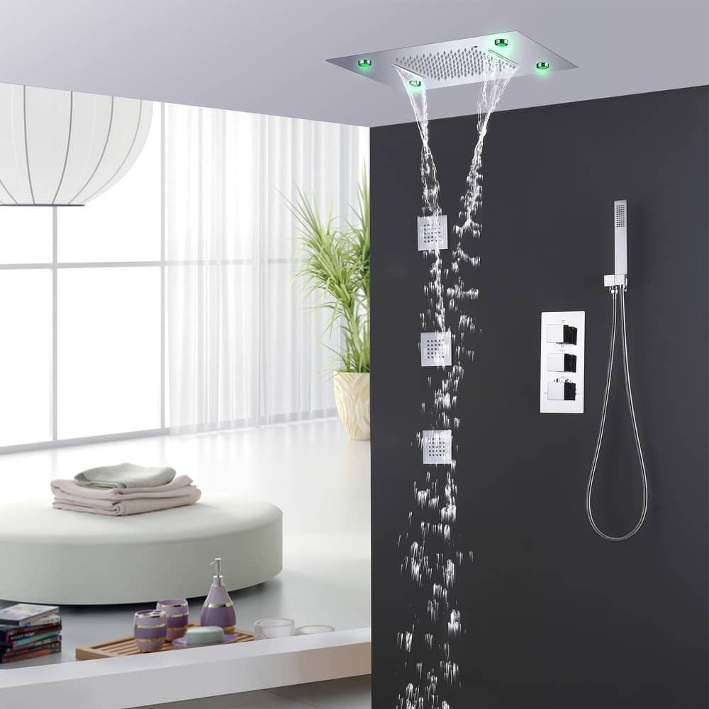 LED 4-Way Complete Rain and Waterfall Shower System with 3 body Jets & High-pressure Handheld, Ceiling Mounted