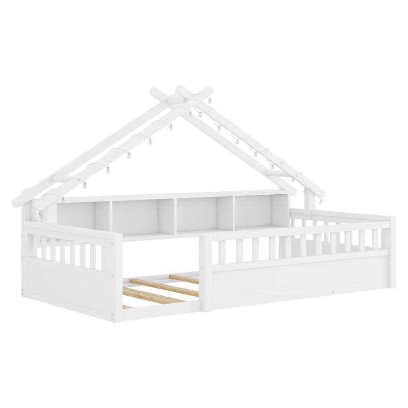 Twin/Full Floor Bed with Storage Bookshelves & Roof Shape for Kids