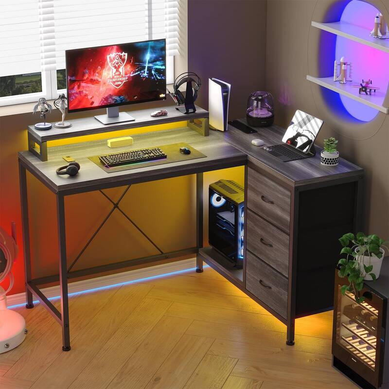 L Shaped Desk with Power Outlets & LED Lights
