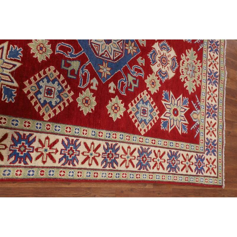 Red Geometric Kazak Oriental Area Rug Handmade Traditional Wool Carpet - 4'11" x 6'6"