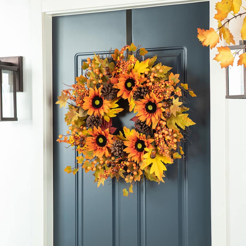Glitzhome Fall Harvest Sunflower Maple Leaf Berry Garland Swag Wreath - Wreath with 14"H Hanger