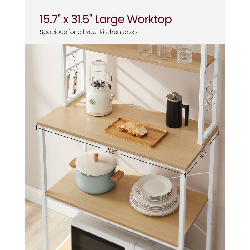 Baker's Rack, Microwave Oven Stand, 6-Tier Kitchen Utility Storage Shelf, 6 Hooks and Metal Frame - 31.5" x 15.7" x 65.7"