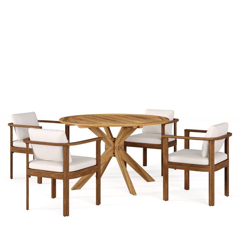 Christopher Knight Home - 5-Piece Outdoor Acacia Wood Dining Set with Curved Arm Chairs & Slat Round Table