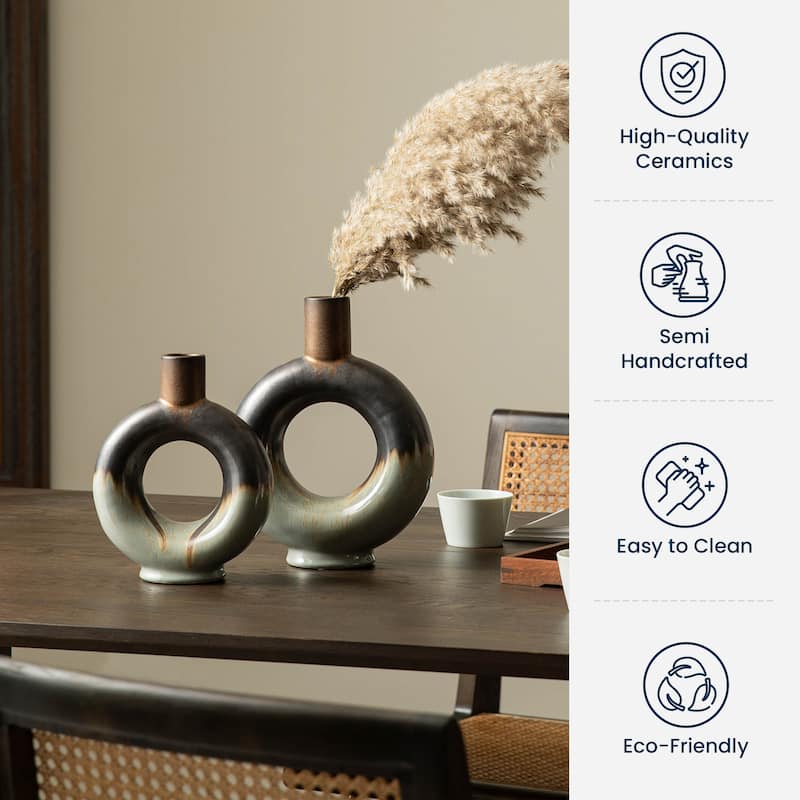 Glitzhome Retro Two-tone Color with Circle Hollow Ceramic Table Vases (Set of 2)