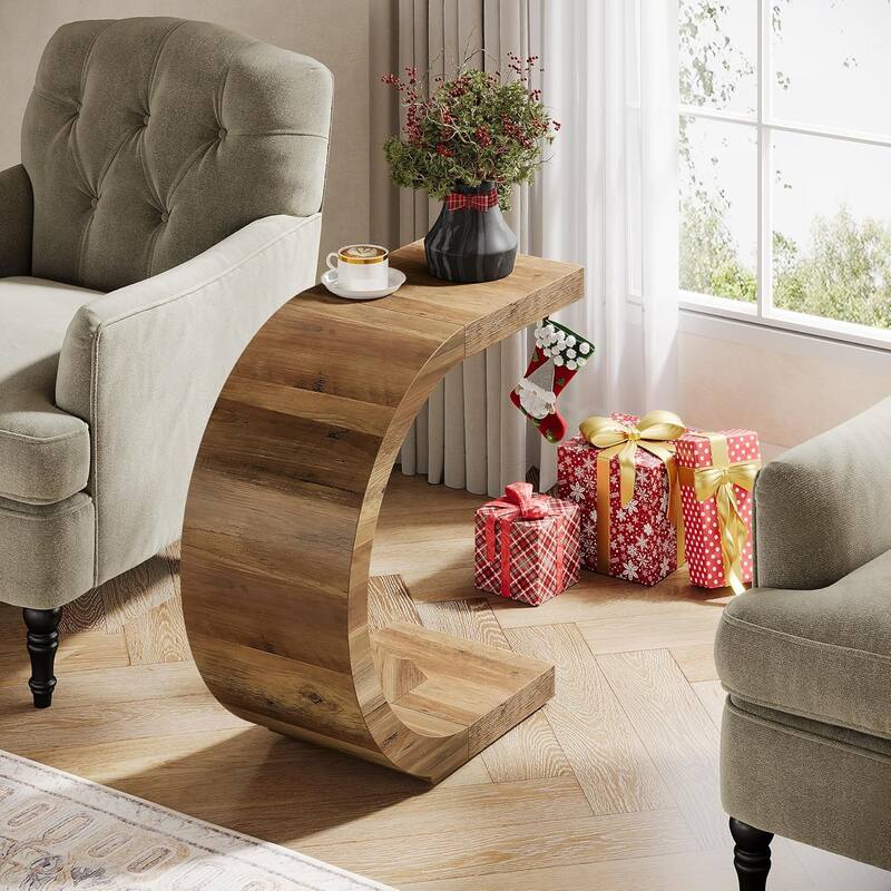 C-Shaped End Table, Wood Side Table for Couch Sofa Living Room