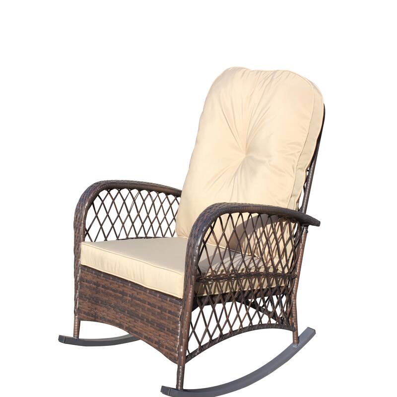 Outdoor Wicker Rocking Chair with Wide Seat, High Weight Capacity for Patio, Garden, Backyard, Beige