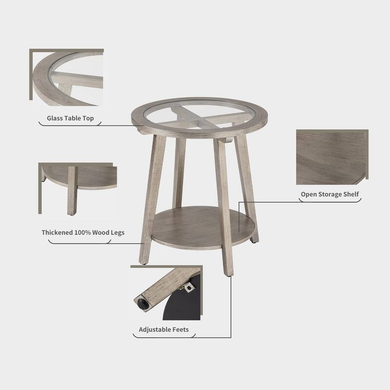 SUNBURY Solid Wood Tempered Glass Side Table with Storage Shelf
