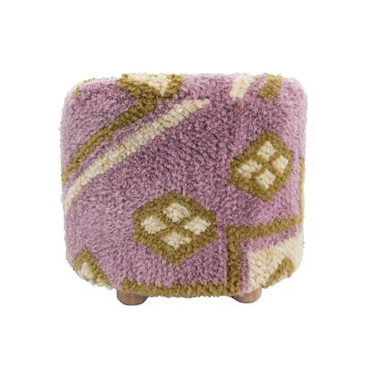 Wool Shag Upholstered Stool with Design and Oak Wood Legs