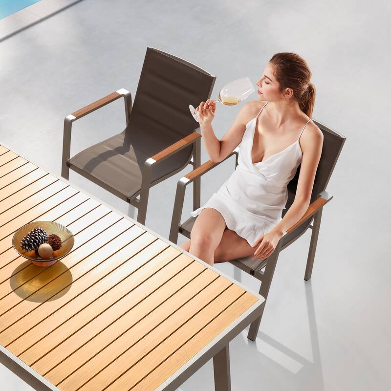 HIGOLD 6801 Nofi Outdoor Dining Set for 4/6 seaters with Grey Cushions/Textile, Aluminum Frame, Imitated Teak Tabletop