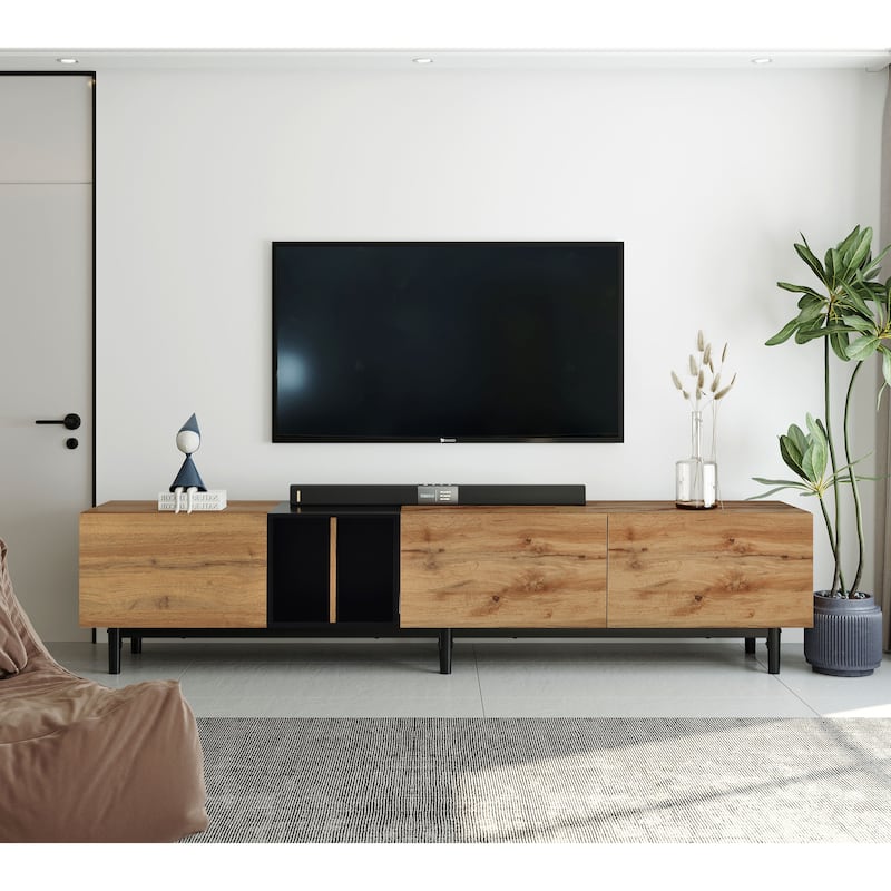 Modern TV Stand for 80'' TV with 3 Doors - Natural Wood