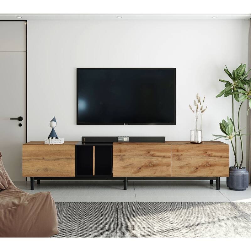 Modern TV Stand for 80'' TVs with 3 Doors, Concealed Storage and Pull-Down Cabinet Doors, for Living Rooms and Bedrooms