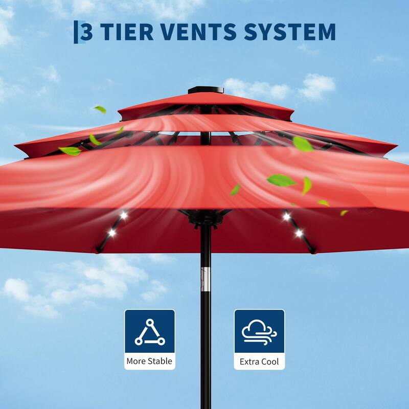 3-Tier Solar Patio Umbrella, with LED Lights and Vents