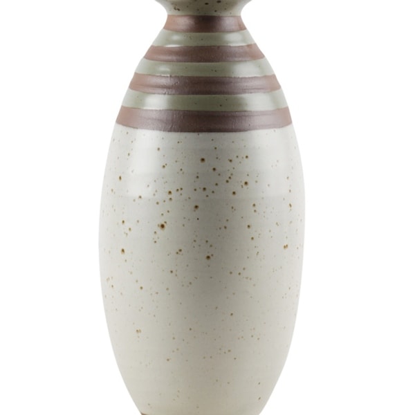 Urban Trends Ceramic Round Bellied Vase with Brown Stripe Top and Matte Finish, Off White - Small