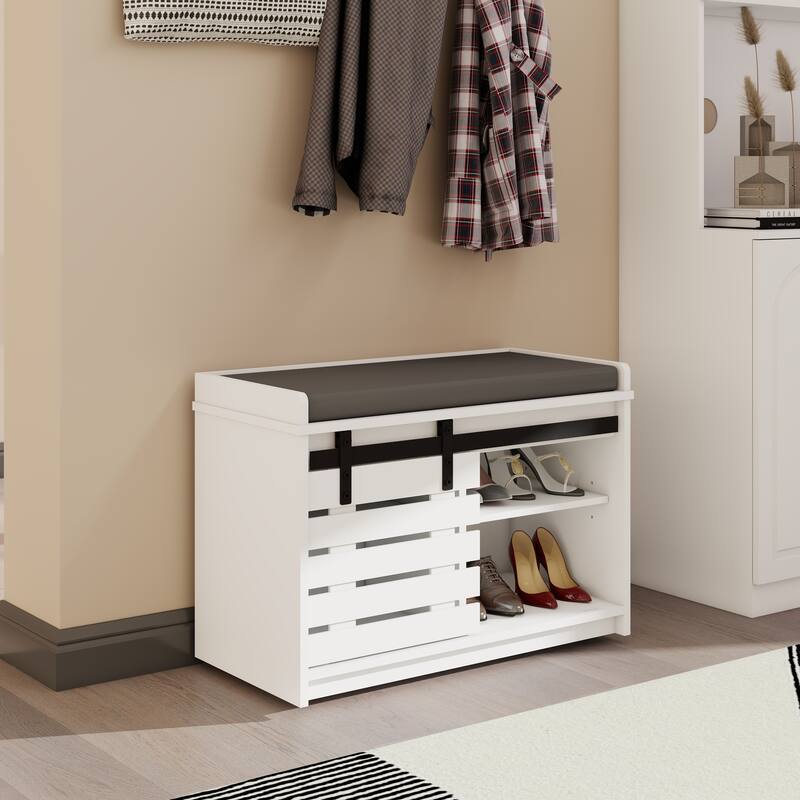 Modern Shoe Storage Bench, 2-Tier Entryway Bench with Sliding Barn Door & 2 Adjustable