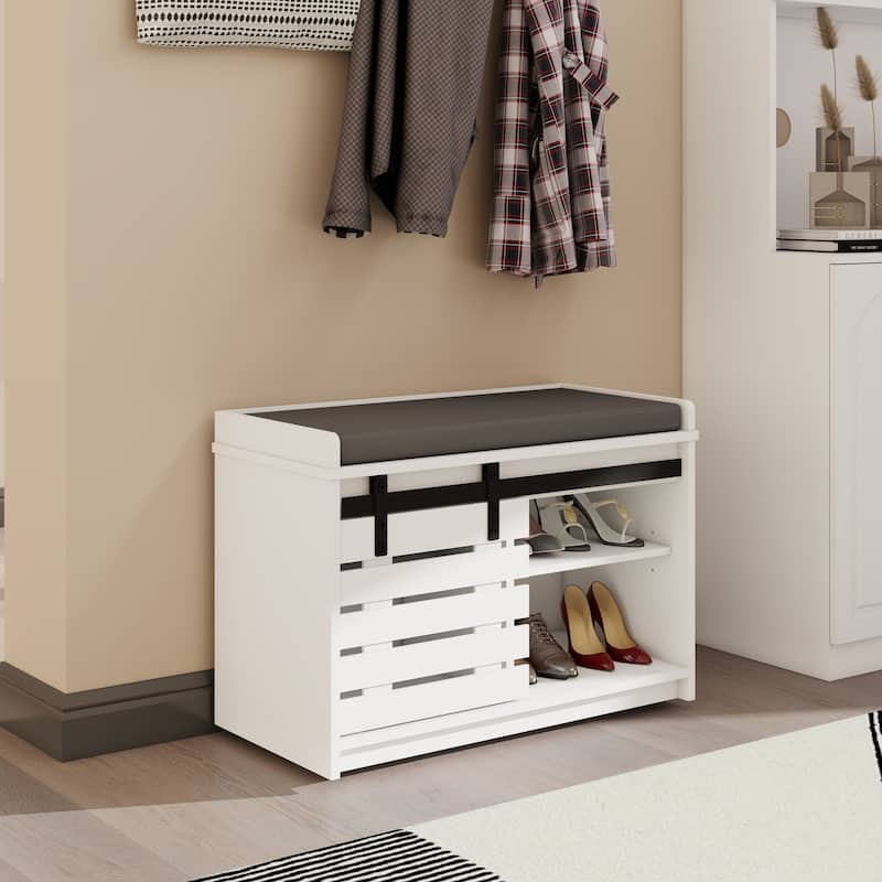 Shoe Storage Bench, 2-Tier Entryway Bench with Sliding Barn Door & 2 Adjustable Shelves & Full Soft Removable Seat Cushion