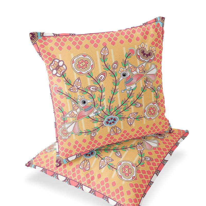 HomeRoots Set of Two 16" X 16" Yellow and Peach Peacock Blown Seam Floral Indoor Outdoor Throw Pillow - 16.00' X '16.00' X '5.00