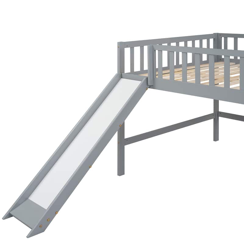 Full Size Low Loft Bed with Removable Slide and Space-Saving Ladder, Gray
