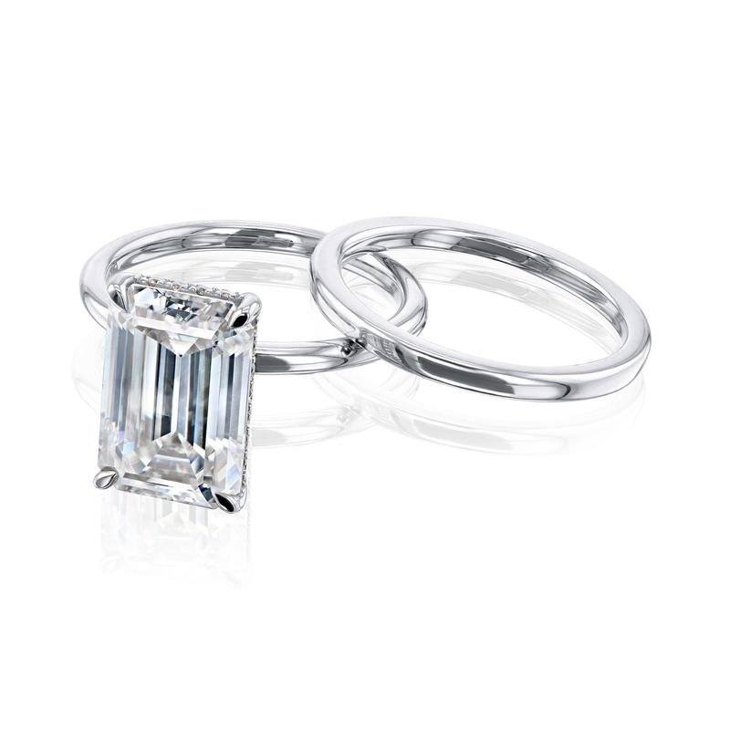 Kobelli Signature Collection 5.65 Carats Moissanite & Diamond 14k Solid Gold Emerald Hidden Halo Plain Bands Elliot Bridal Set