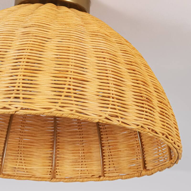 16.5" W Boho Coastal Brown Handwoven Rattan Dome Flush Mount Ceilig Light for Kitchen, Hallways