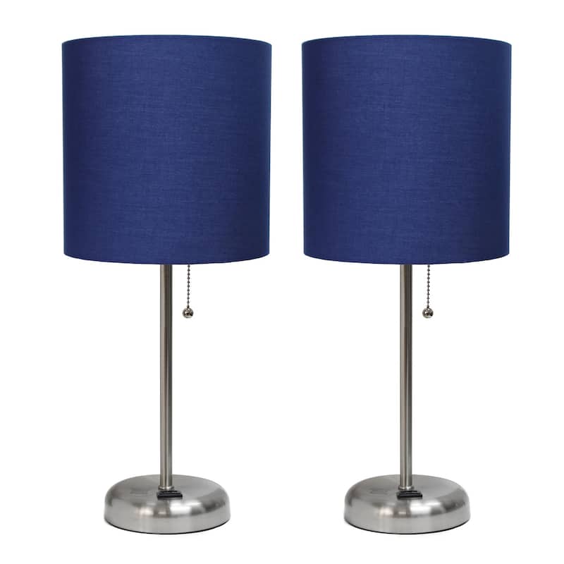 19.5 in. Brushed Steel Finish Table Lamp with Blue Shade, Durable Stick Lamp for End/Side Tables, Set of 2