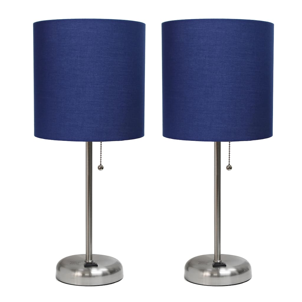 19.5 in. Brushed Steel Finish Table Lamp with Blue Shade, Durable Stick Lamp for End/Side Tables, Set of 2