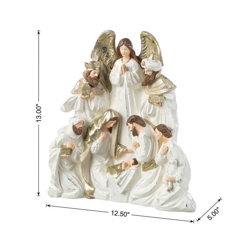 Glitzhome 13"H Ivory/Gold Resin Nativity Figurine
