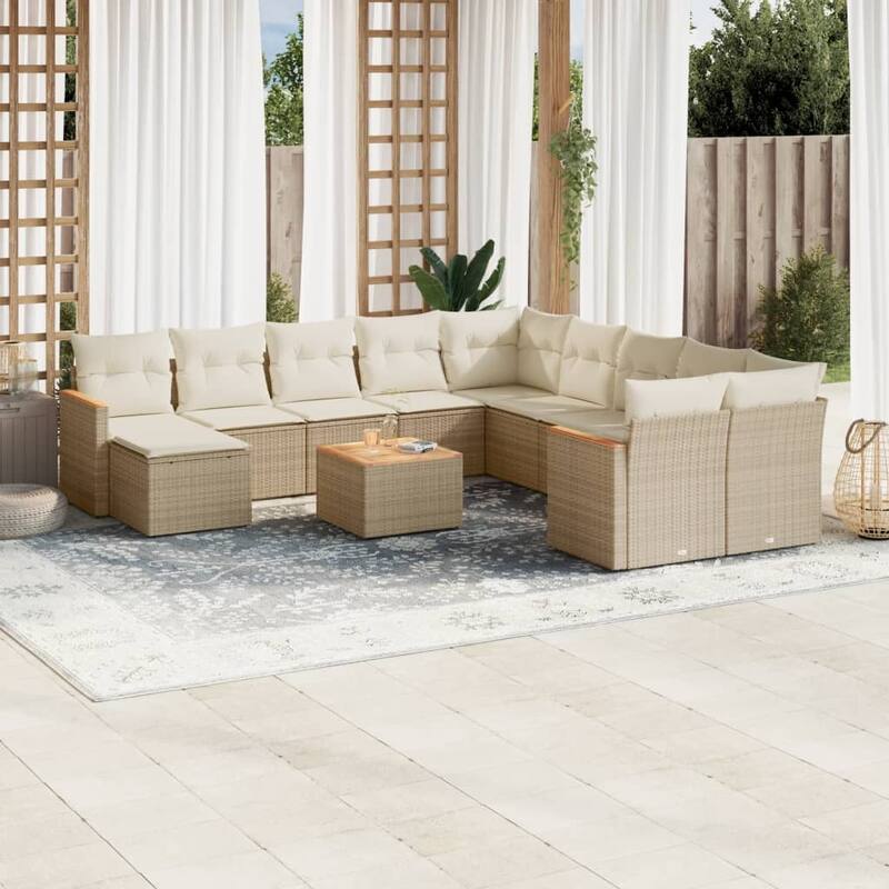 vidaXL Patio Sofa Set with Cushions Outdoor Conversation Furniture Poly Rattan - 24.4 x 24.4 x 27.2 in - Beige with table