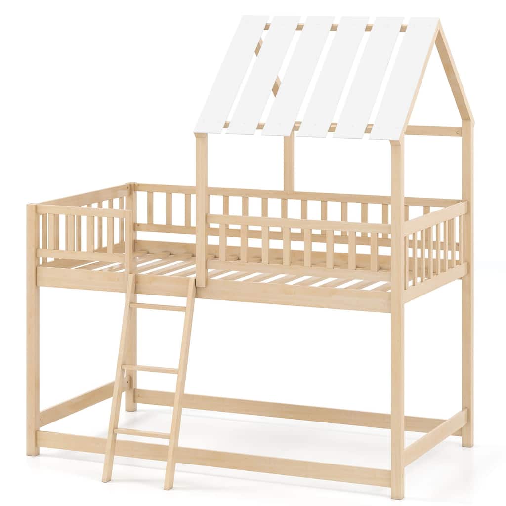 Costway Twin Over Twin House Bunk Bed with Roof, Ladder & Full-length